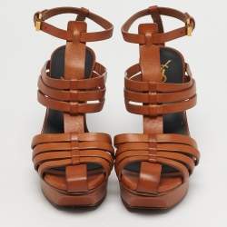 Pre Owned Saint Laurent  Size 38 Brown Leather Ankle Strap Sandals