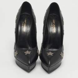 مملوكة مسبقًا حذاء كعب عالي سان لوران سوار الكاحل جلد أسود مقاس 35.5