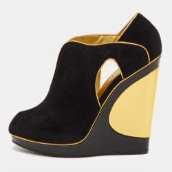 مملوكة مسبقًا Yves Saint Laurent Size 36 Black/Gold Cut-Out Suede Peep Toe Platform Wedge Pumps 