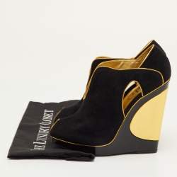 مملوكة مسبقًا Yves Saint Laurent Size 36 Black/Gold Cut-Out Suede Peep Toe Platform Wedge Pumps 