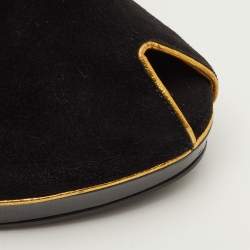 مملوكة مسبقًا Yves Saint Laurent Size 36 Black/Gold Cut-Out Suede Peep Toe Platform Wedge Pumps 