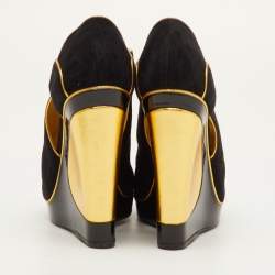 مملوكة مسبقًا Yves Saint Laurent Size 36 Black/Gold Cut-Out Suede Peep Toe Platform Wedge Pumps 