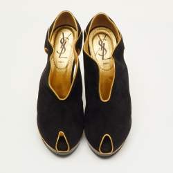 مملوكة مسبقًا Yves Saint Laurent Size 36 Black/Gold Cut-Out Suede Peep Toe Platform Wedge Pumps 
