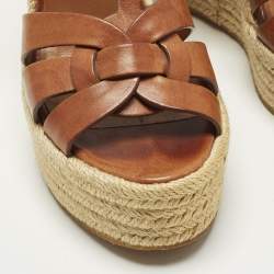 Pre Owned Saint Laurent Tribute Size 37.5 Brown Leather Wedge Sandals