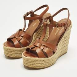 Pre Owned Saint Laurent Tribute Size 37.5 Brown Leather Wedge Sandals