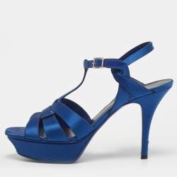 مملوكة مسبقًا Saint Laurent Tribute Size 39 Blue Satin Platform Sandals