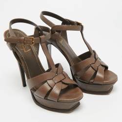 مملوكة مسبقًا Saint Laurent Paris Tribute Size 37.5 Dark Brown Leather Platform Sandals