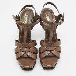 مملوكة مسبقًا Saint Laurent Paris Tribute Size 37.5 Dark Brown Leather Platform Sandals