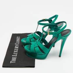 مملوكة مسبقًا صندل سان لوران باريس تريبوت نعل سميك سير كاحل جلد أخضر مقاس 37