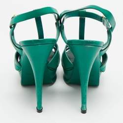 مملوكة مسبقًا صندل سان لوران باريس تريبوت نعل سميك سير كاحل جلد أخضر مقاس 37