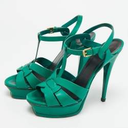 مملوكة مسبقًا صندل سان لوران باريس تريبوت نعل سميك سير كاحل جلد أخضر مقاس 37