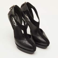 Pre Owned حذاء كعب عالي سان لوران إيزى واي جلد وملمس سويدي أسود نعل سميك مقاس 38