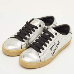 Pre Owned حذاء رياضي سان لوران كورت كلاسيك فضي جلد منخفظ مقاس 36.5