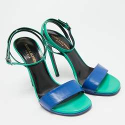 Pre Owned Saint Laurent Jane Size 37 Green/Blue Leather Ankle Strap Sandals