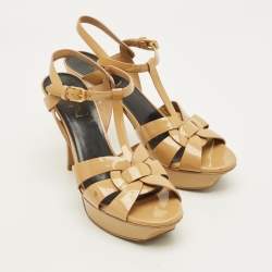 مملوكة مسبقًا صندل بكعب سان لوران تريبوت جلد بني بحزام للكاحل مقاس 39.5