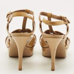 مملوكة مسبقًا صندل بكعب سان لوران تريبوت جلد بني بحزام للكاحل مقاس 39.5