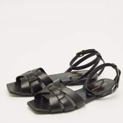 Pre Owned Saint Laurent Tribute Size 38 Black Leather Ankle Strap Flat Sandals