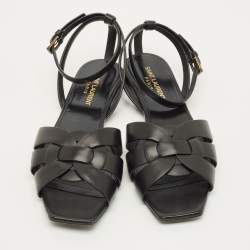 Pre Owned Saint Laurent Tribute Size 38 Black Leather Ankle Strap Flat Sandals
