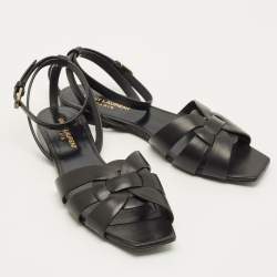 Pre Owned Saint Laurent Tribute Size 38 Black Leather Ankle Strap Flat Sandals
