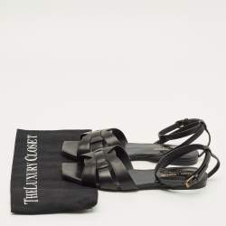 Pre Owned Saint Laurent Tribute Size 38 Black Leather Ankle Strap Flat Sandals