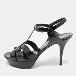 مملوكة مسبقًا صندل إيف سان لوران تريبيوت جلد براءات لامع أزرق بحري نعل سميك مقاس 39