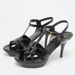 مملوكة مسبقًا صندل إيف سان لوران تريبيوت جلد براءات لامع أزرق بحري نعل سميك مقاس 39