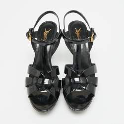 مملوكة مسبقًا صندل إيف سان لوران تريبيوت جلد براءات لامع أزرق بحري نعل سميك مقاس 39