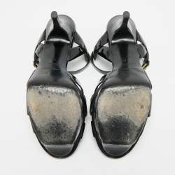 مملوكة مسبقًا صندل إيف سان لوران تريبيوت جلد براءات لامع أزرق بحري نعل سميك مقاس 39