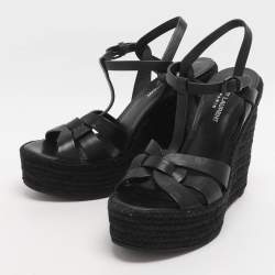 مملوكة مسبقًا Saint Laurent Black Leather Tribute Espadrille Wedge Sandals Size 39.5