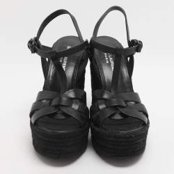 مملوكة مسبقًا Saint Laurent Black Leather Tribute Espadrille Wedge Sandals Size 39.5