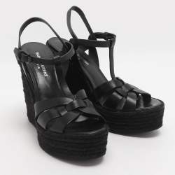 مملوكة مسبقًا Saint Laurent Black Leather Tribute Espadrille Wedge Sandals Size 39.5