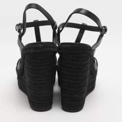 مملوكة مسبقًا Saint Laurent Black Leather Tribute Espadrille Wedge Sandals Size 39.5
