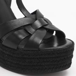 مملوكة مسبقًا Saint Laurent Black Leather Tribute Espadrille Wedge Sandals Size 39.5