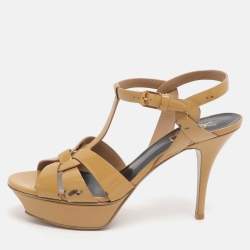 Pre Owned Saint Laurent Paris Tribute Size 38.5 Caramel Patent Leather Ankle Strap Sandals