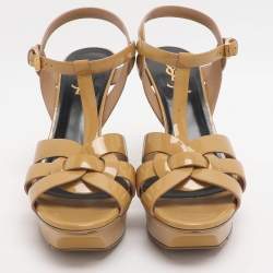 Pre Owned Saint Laurent Paris Tribute Size 38.5 Caramel Patent Leather Ankle Strap Sandals
