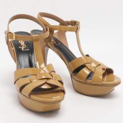 Pre Owned Saint Laurent Paris Tribute Size 38.5 Caramel Patent Leather Ankle Strap Sandals