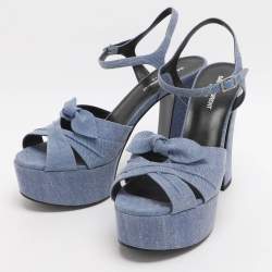 Pre Owned Saint Laurent Paris Candy Size 39.5 Blue Denim Ankle Strap Platform Sandals