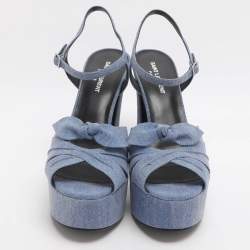 Pre Owned Saint Laurent Paris Candy Size 39.5 Blue Denim Ankle Strap Platform Sandals