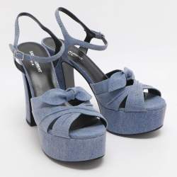 Pre Owned Saint Laurent Paris Candy Size 39.5 Blue Denim Ankle Strap Platform Sandals