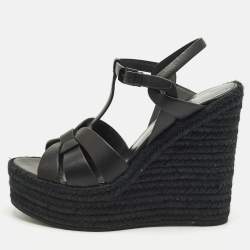 مملوكة مسبقًا Saint Laurent Tribute Size 39.5 Black Leather Espadrille Wedge Sandals