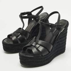 Pre Owned Saint Laurent Tribute Size 39.5 Black Leather Espadrille Wedge Sandals