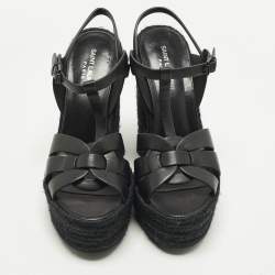 Pre Owned Saint Laurent Tribute Size 39.5 Black Leather Espadrille Wedge Sandals