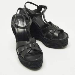 Pre Owned Saint Laurent Tribute Size 39.5 Black Leather Espadrille Wedge Sandals