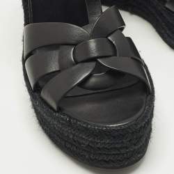 Pre Owned Saint Laurent Tribute Size 39.5 Black Leather Espadrille Wedge Sandals