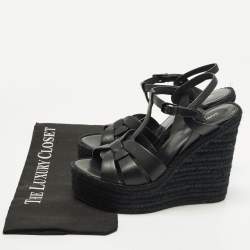 Pre Owned Saint Laurent Tribute Size 39.5 Black Leather Espadrille Wedge Sandals
