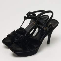 مملوكة مسبقًا Saint Laurent Tribute Size 38 Black Velvet Platform Sandals