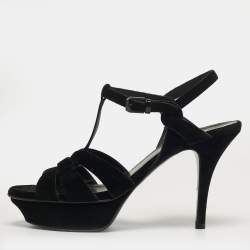 مملوكة مسبقًا Saint Laurent Tribute Size 38 Black Velvet Platform Sandals