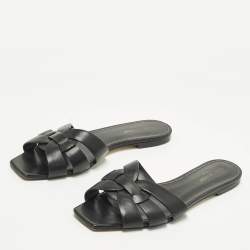 مملوكة مسبقًا Saint Laurent Paris Tribute Size 41.5 Black Leather Flat Slides