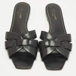 مملوكة مسبقًا Saint Laurent Paris Tribute Size 41.5 Black Leather Flat Slides