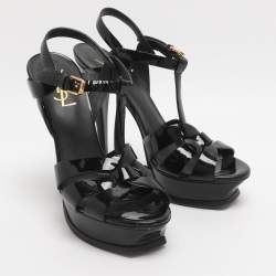 مملوكة مسبقًا صندل سان لوران تريبوت جلد لامع أسود منصة مقاس 38